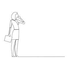 Serious businesswoman with a briefcase thinking about her business. Simple continuous line drawing illustration.