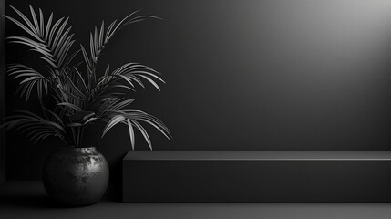 A minimalist black and white interior design featuring a potted plant with long leaves on a shelf against a dark textured wall.