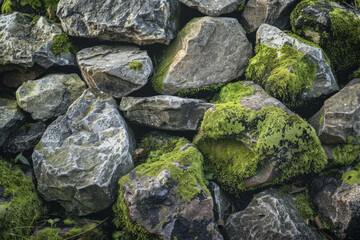 Moss-covered surface of stones or rocks in natural settings like forests or gardens. Mossy stone textures offer a tranquil and organic backdrop
