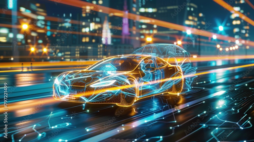 Poster 3d rendering of an electric car with data lines. generate ai image