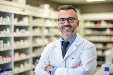 Fototapeta premium A Smiling Pharmacist in a White Coat Standing Proudly in Front of the Local Community Pharmacy with Shelves of Medicines in the Background