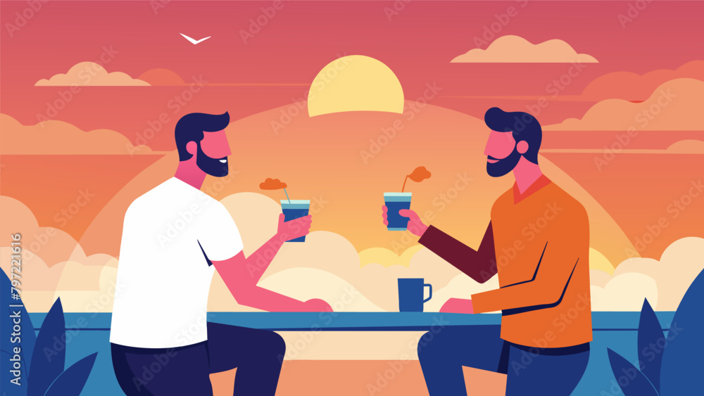Poster a rooftop gathering at sunset two men sip on tails while discussing the connection between gratitude