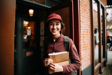 A Smiling Young Woman with a Parcel in Hand, Proudly Standing Before the Vintage Red Brick Facade of the Old Town Post Office