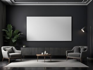  Large empty screen in a living room interior on an empty dark wall background design,3D rendering 
