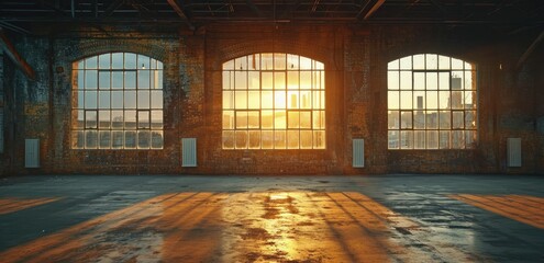 Sunset light streaming through large arched windows in an empty industrial loft with brick walls and a glossy floor. - obrazy, fototapety, plakaty