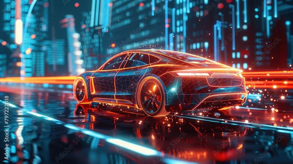 Poster 3d rendering of an electric car with data lines. generate ai image