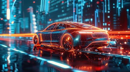 3D rendering of an electric car with data lines. Generate AI image - obrazy, fototapety, plakaty