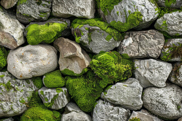 Moss-covered surface of stones or rocks in natural settings like forests or gardens. Mossy stone textures offer a tranquil and organic backdrop