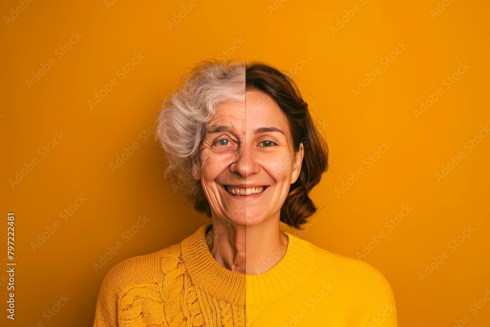 Poster lifes visible aging and skin revitalization depicted through emotional aging cycles, emphasizing col