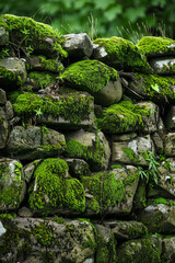 Moss-covered surface of stones or rocks in natural settings like forests or gardens. Mossy stone textures offer a tranquil and organic backdrop
