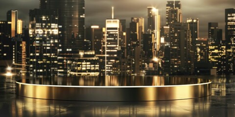 A golden podium in the foreground with a blurred city skyline at night in the background. - obrazy, fototapety, plakaty