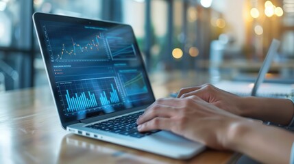 Close up view of a person's hand operating a laptop at a work desk as financial analysis data