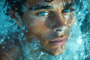 Fragrance advertisement concept. Close up portrait of handsome young man in blue water. High fashion style. Outdoor shot