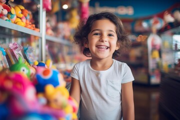 A Joyful Child's Portrait with a Colorful Toy Store Wonderland Filled with Stuffed Animals, Games, and Bright Balloons in the Background