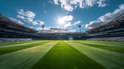 The interior view of an empty cricket stadium, with green grass and blue sky