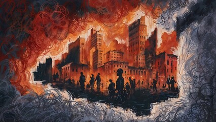 A cityscape, with crumbling buildings and structures.The city is engulfed in a chaotic storm of red and orange hues, symbolizing the concept of a recession, poverty, and social decay.