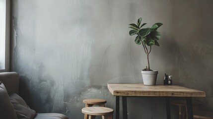 A minimalist interior featuring a wooden table with a potted plant, a stool, and a cozy armchair beside a textured grey wall.