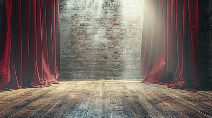 A dramatic theater stage with red velvet curtains partially open, revealing a rustic brick wall and wooden floor, illuminated by natural light from above.