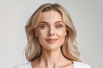 Fototapeta premium Progression in aging depicted through salicylic and wrinkle care focus, blending facial acid integration with skincare tips and age split dynamics.