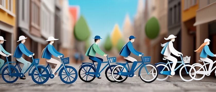 People Riding bicycles on city streets. Paper art World bicycle day Concept 