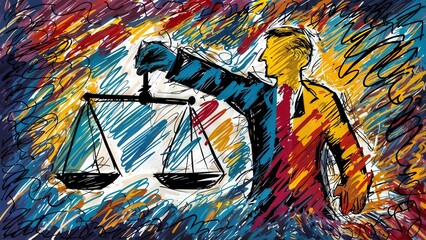 Concept of justice and legal system. A vivid and dynamic drawing of a man holding a scale of justice - obrazy, fototapety, plakaty