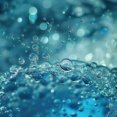 Image of blue air bubbles, aquatic environment, gently emerging from the bottom to the surface. The blue of the water filters the sunlight, creating a soft, ethereal glow. Fascinating, almost magical.