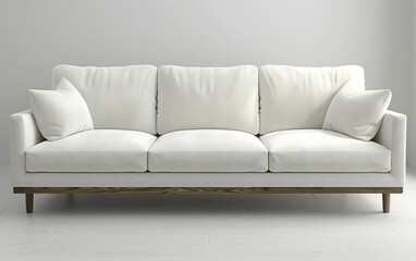 Modern white sofa with soft cushions on a wooden base against a gray background