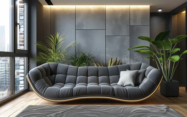Modern living room with a stylish curved sofa, concrete walls, and large windows overlooking the city.