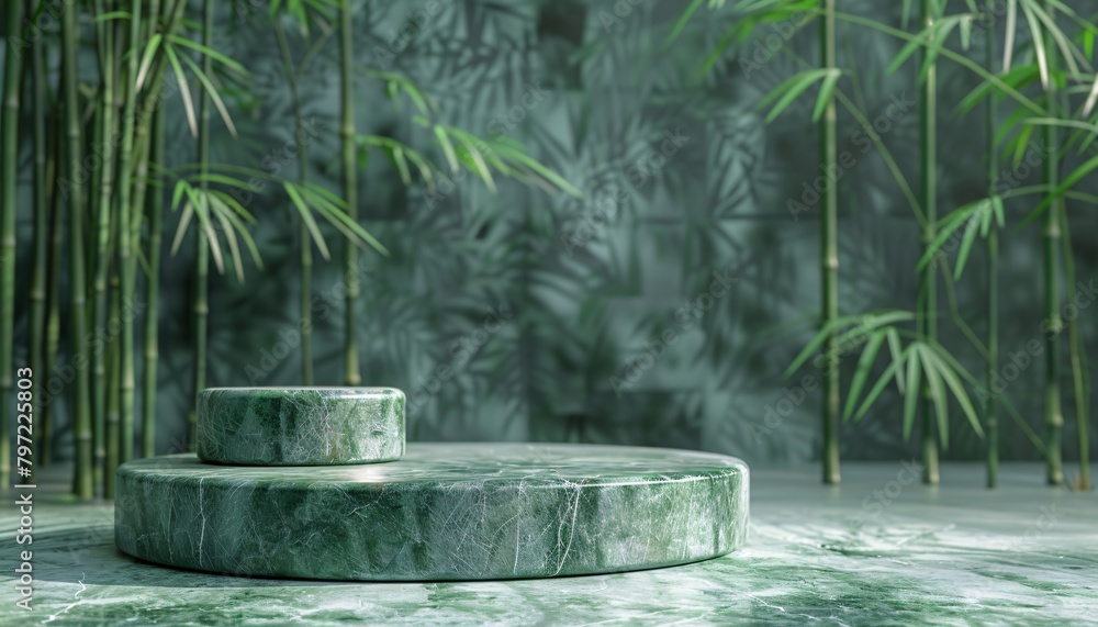 Poster 3d podium with bamboo forest themed background . mockup product display or product presentation . 3d
