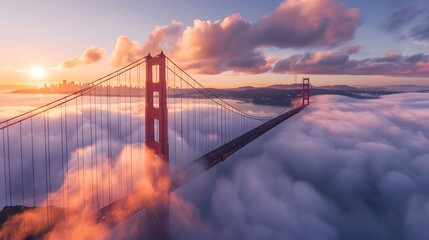 Obraz premium The Bridge, captured from above with misty waters below and clear skies overhead. The scene is a serene blend of iconic architecture and natural beauty
