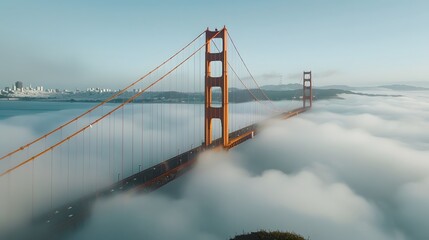 Fototapeta premium The Bridge, captured from above with misty waters below and clear skies overhead. The scene is a serene blend of iconic architecture and natural beauty