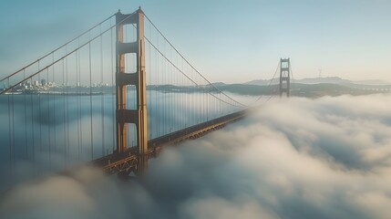 The Bridge, captured from above with misty waters below and clear skies overhead. The scene is a serene blend of iconic architecture and natural beauty