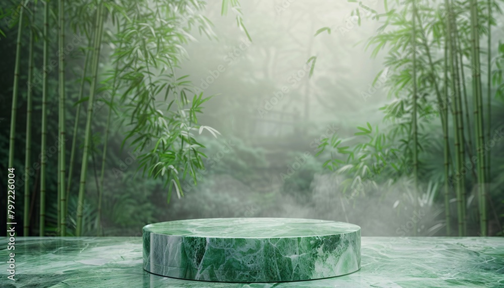 Poster 3d podium with bamboo forest themed background . mockup product display or product presentation . 3d