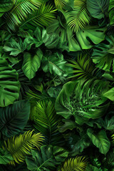 The lush and dense texture of rainforest foliage showcases the vibrant greens and intricate patterns. 