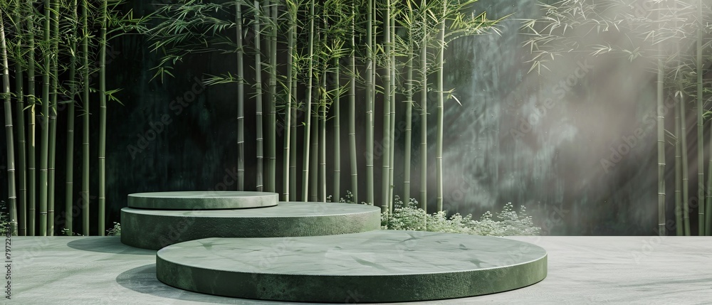 Poster 3d podium with bamboo forest themed background . mockup product display or product presentation . 3d