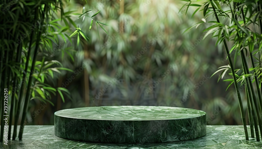 Poster 3d podium with bamboo forest themed background . mockup product display or product presentation . 3d