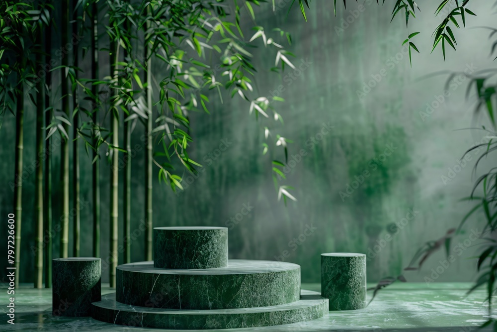 Poster 3d podium with bamboo forest themed background . mockup product display or product presentation . 3d