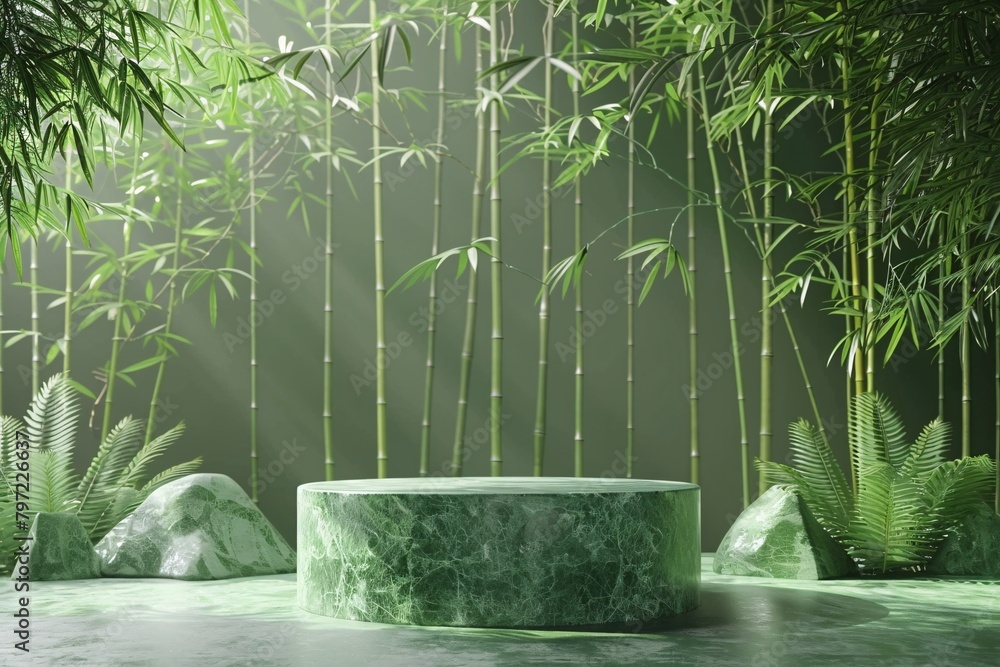 Poster 3d podium with bamboo forest themed background . mockup product display or product presentation . 3d