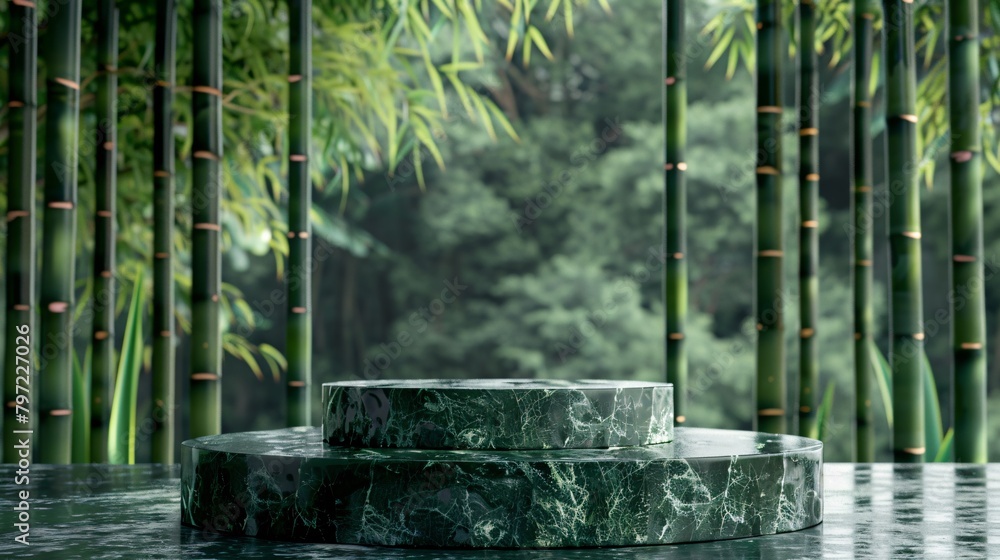 Poster 3d podium with bamboo forest themed background . mockup product display or product presentation . 3d