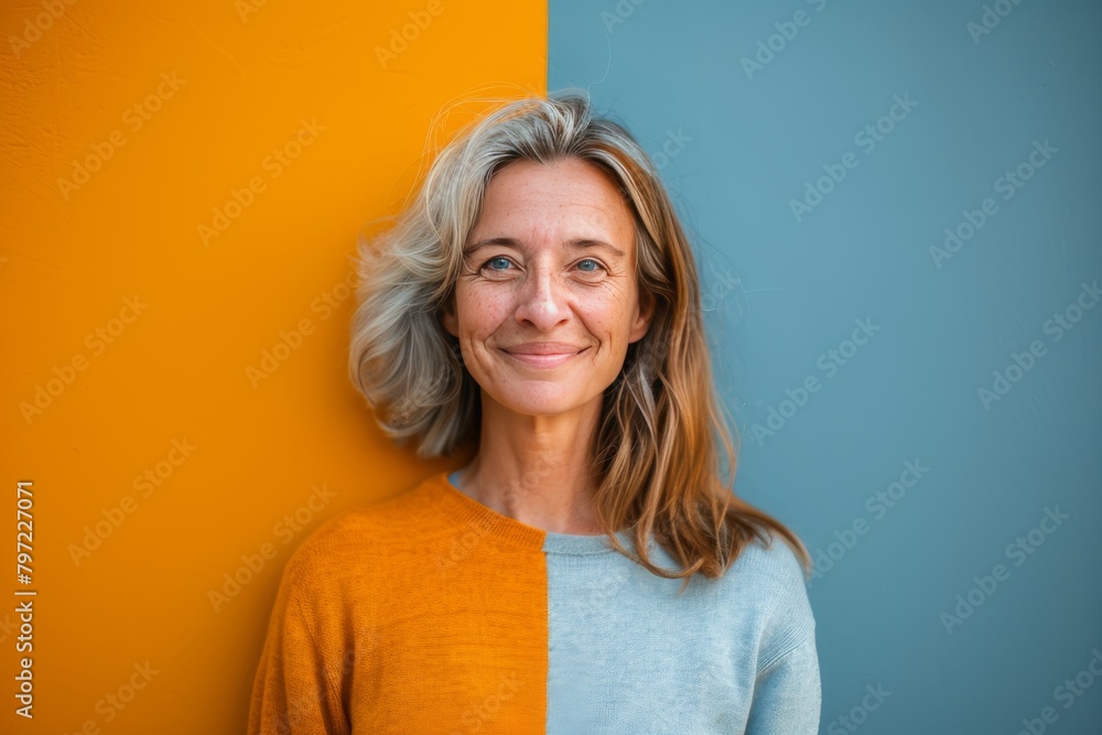 Poster differences in aging life illuminated by lines through skincare in portrait halves, integrating huma
