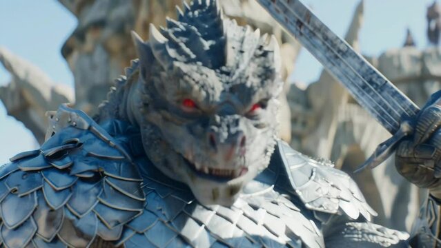 Imposing gray dragonborn warrior clad in intricate silver scale armor snarls, baring fangs. Piercing red eyes glare as he raises sword threateningly toward camera. Cinematic, movie-quality detail.

