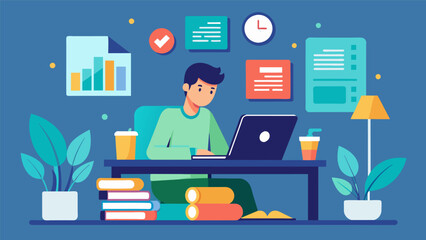 Fototapeta premium A person sitting at a desk surrounded by books and papers as they research and analyze financial data online.