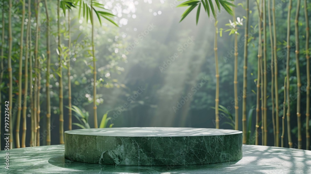 Poster 3d podium with bamboo forest themed background . mockup product display or product presentation . 3d