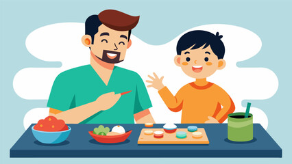A father and son bonding over a fun and educational afternoon of sushi making creating unique combinations and laughing at their messy but delicious.