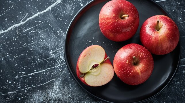 Dynamic apple on black plate  food photography with hard light on cutting board in neutral colors