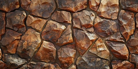 Close-up of a textured stone wall with various shades of brown and orange, creating a natural abstract pattern.