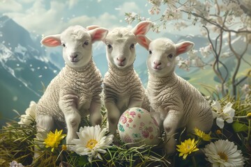 Fototapeta premium Easter art with 3 lambs. Sheep. Happy easter