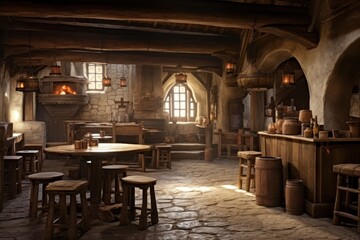 Medieval tavern architecture furniture building.