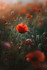 Obraz premium A vibrant red poppy flower stands out against the soft glow of an orange sunset, with other flowers in the soft blurry focused background creating a dreamy and ethereal atmosphere. 
