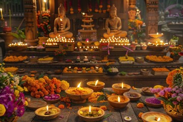 vibrant Diwali celebration in a rustic wooden setting, featuring wooden diyas, intricate rangoli, trays of sweets, and statues of Hindu gods and goddesses